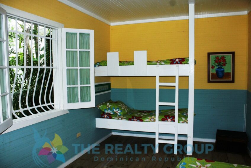 Rustic wooden bunk beds in the children