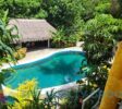 Kidney-shaped pool with seating area under a charming cana roof, perfect for relaxation amidst lush greenery