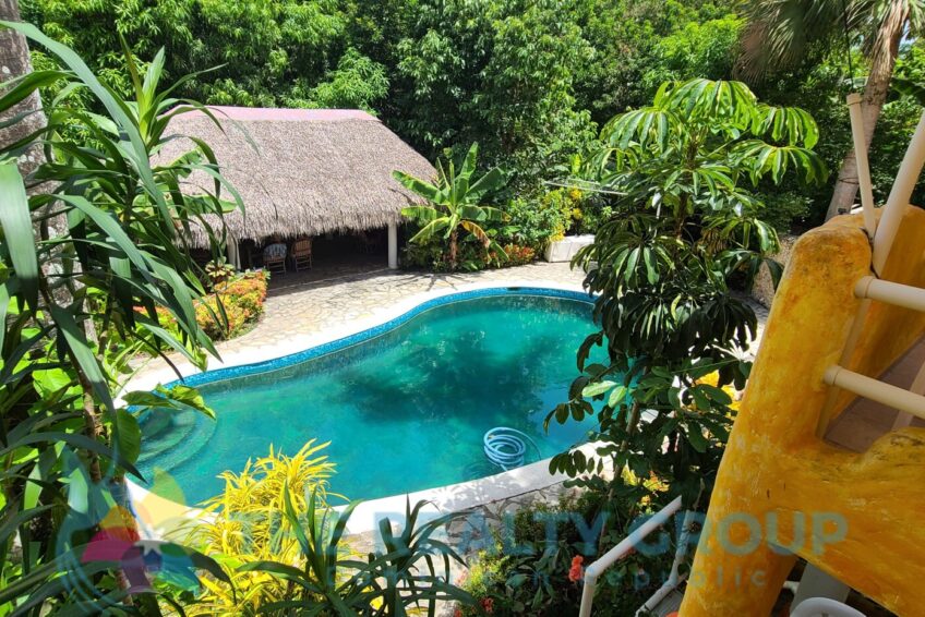 Kidney-shaped pool with seating area under a charming cana roof, perfect for relaxation amidst lush greenery