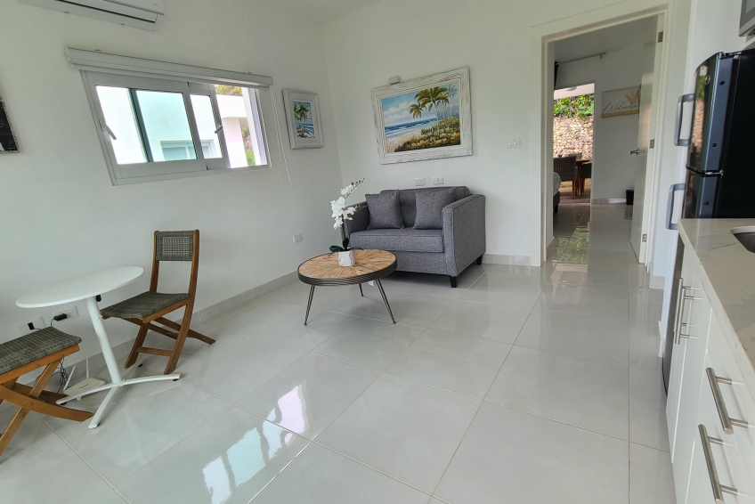 Open-concept living and kitchen space in Sosúa condos for sale with modern appliances and cozy layout