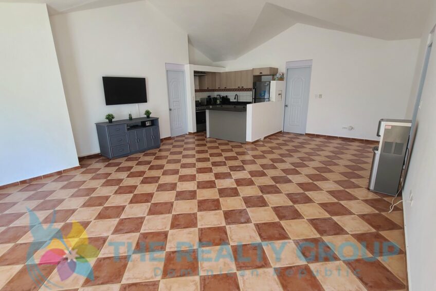Caribbean villa Playa Chiquita interior view of the open living and kitchen